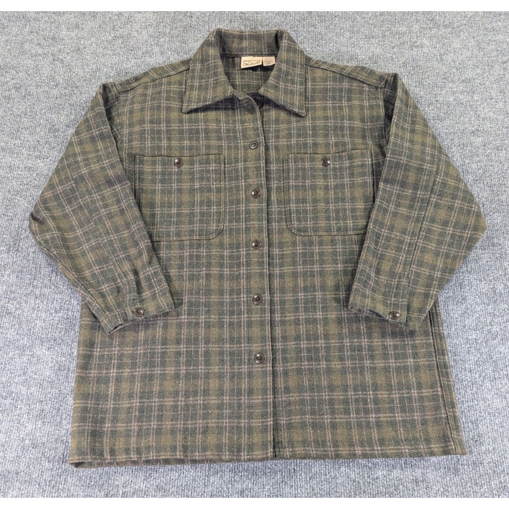 VTG Woolrich Womens Plaid Wool Blend Shirt Jacket Green Brown Made in USA Small